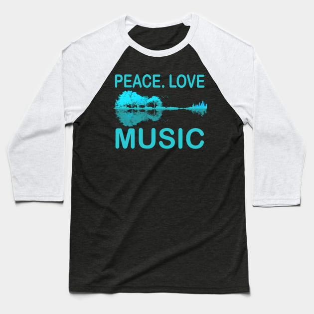 Peace Love Music Guitar Lake Shadow Hippie Baseball T-Shirt by ROMANSAVINRST